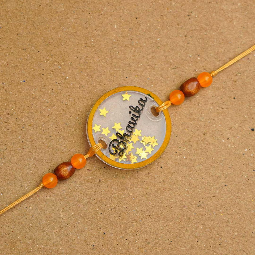 Personalized Handmade Round Glitter Acrylic Rakhi With Roli Chawal