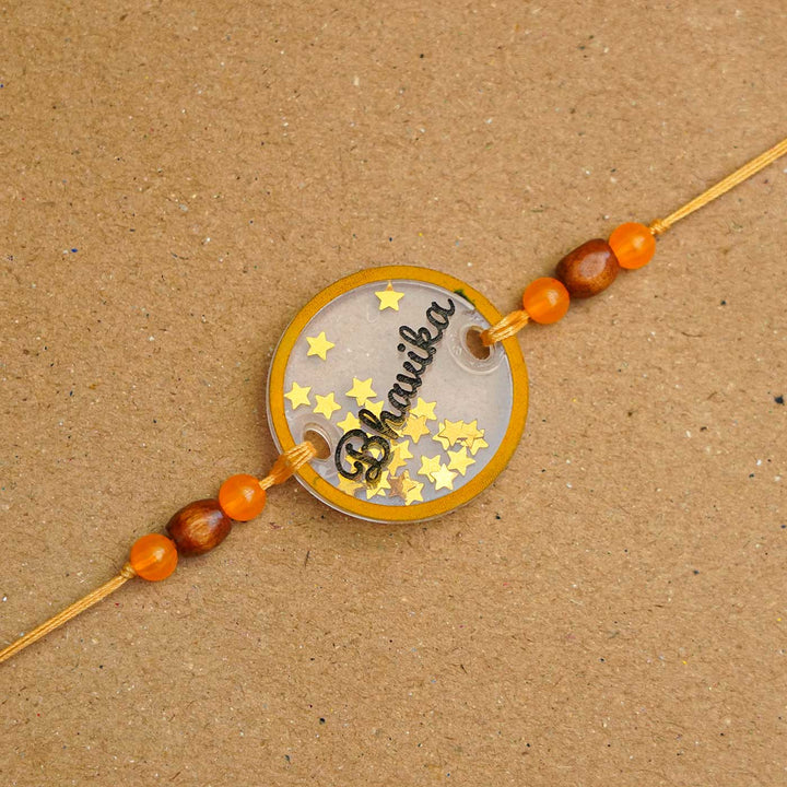 Personalized Handmade Round Glitter Acrylic Rakhi With Roli Chawal