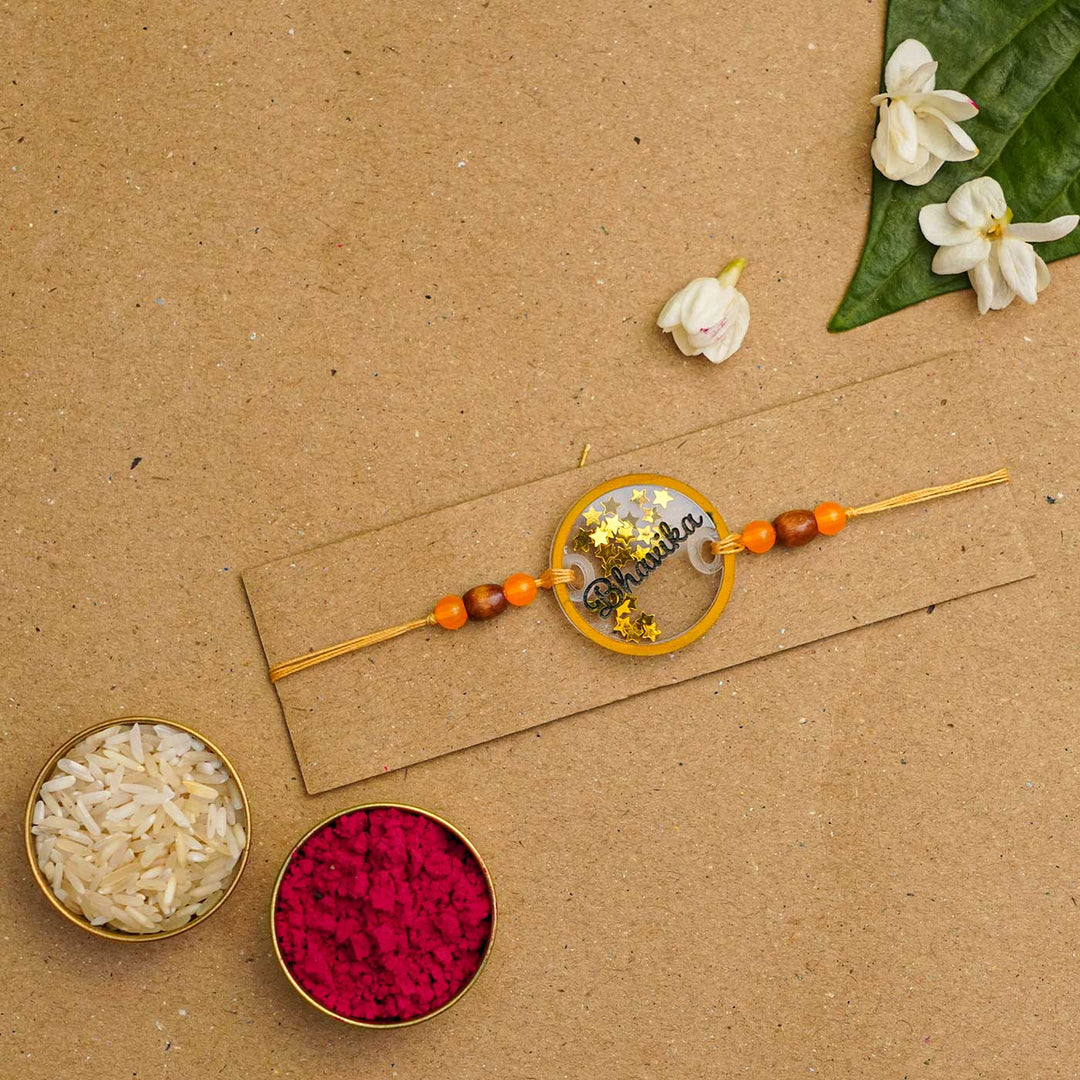 Personalized Handmade Round Glitter Acrylic Rakhi With Roli Chawal