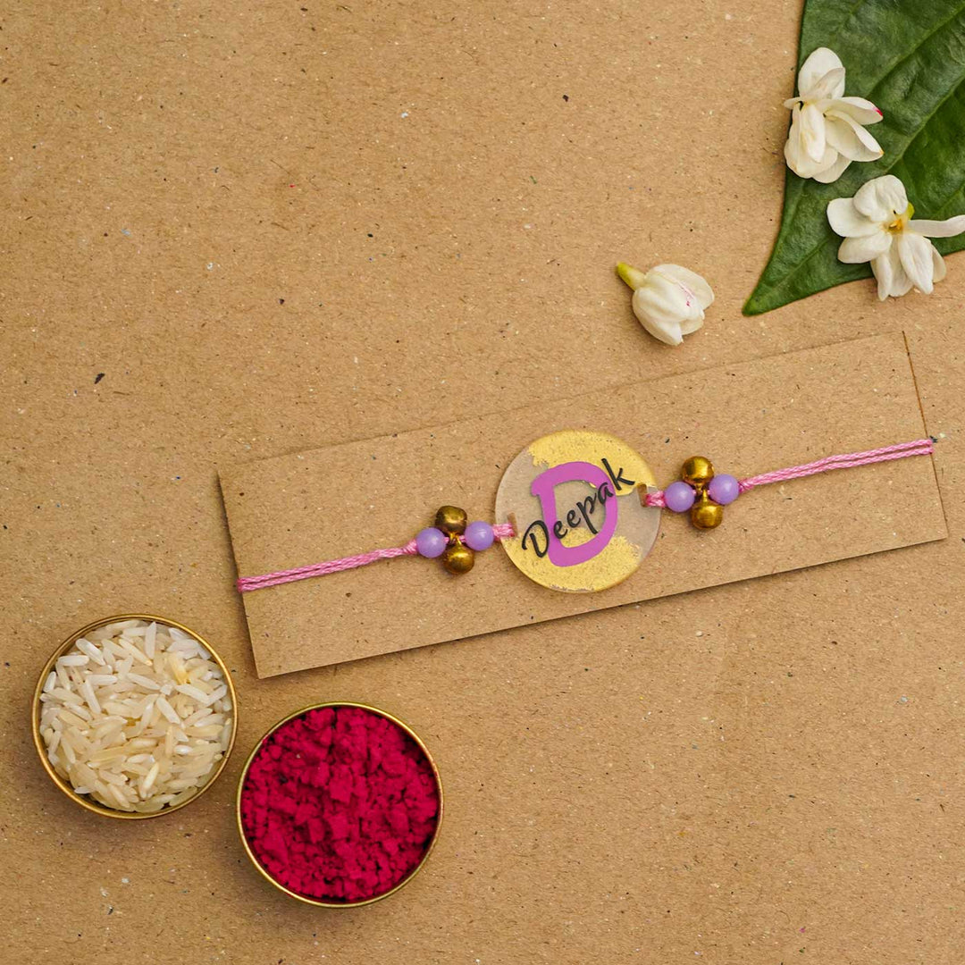 Personalized Handmade Name Golden Acrylic Rakhi With Roli Chawal