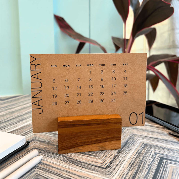 Handmade Brown 2025 Desk Calendar With Stand