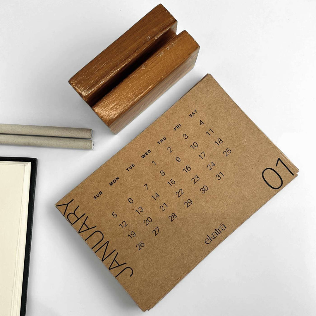 Handmade Brown 2025 Desk Calendar With Stand