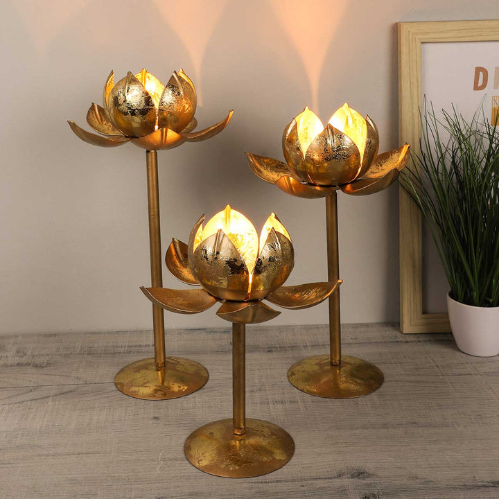 Handmade Lotus Iron Tealight Holder With Detachable Stands | Set of 3