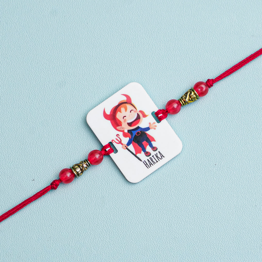 Personalized Handmade Devil Sister Acrylic Rakhi With Roli Chawal