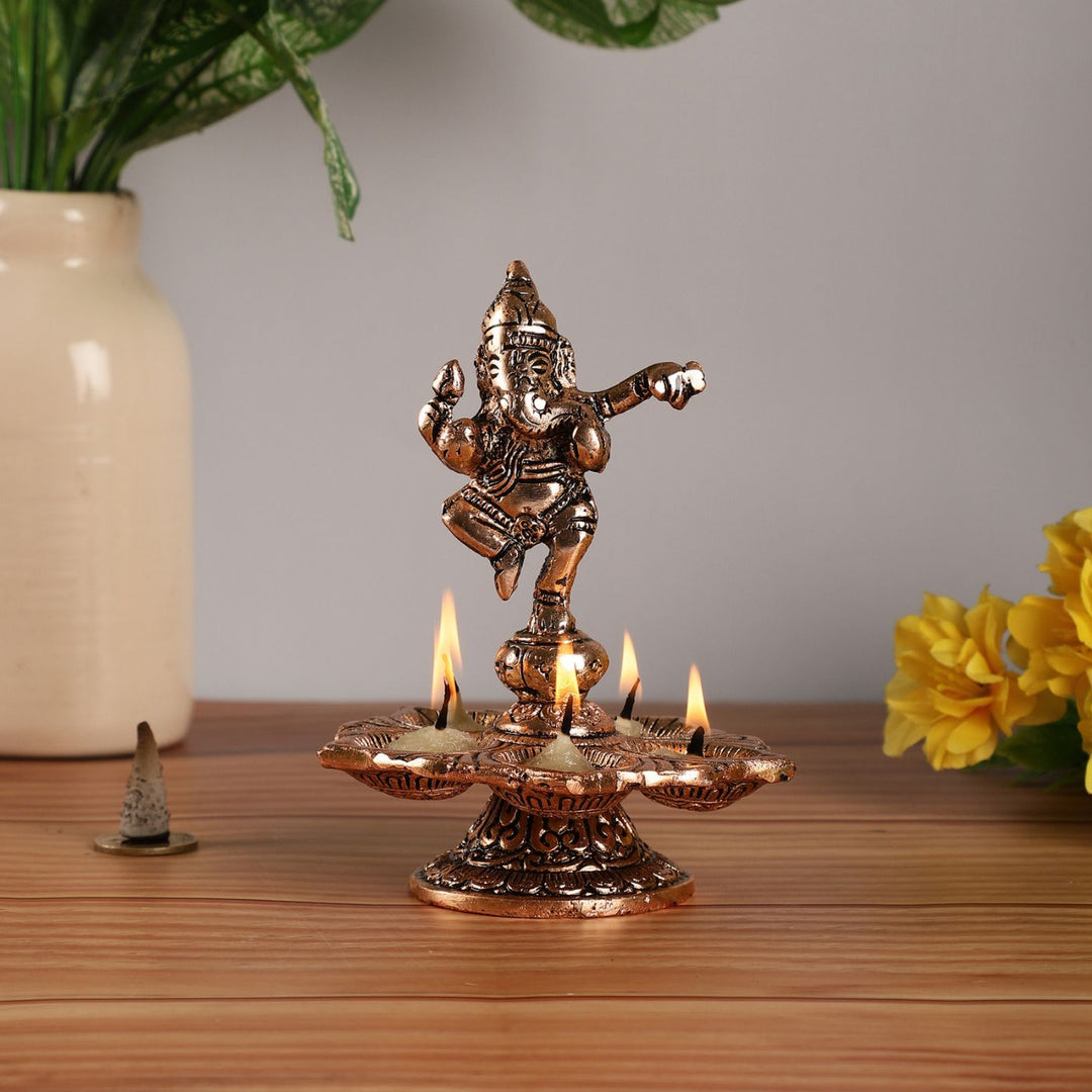 Handmade Dancing Lord Ganesha Metal Oil Lamp / Diya