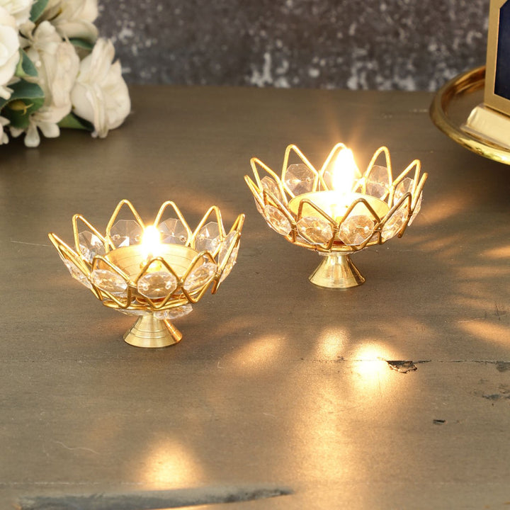 Handmade 3 Inch Crystal Diya Metal Oil Lamp / Diya | Set Of 2