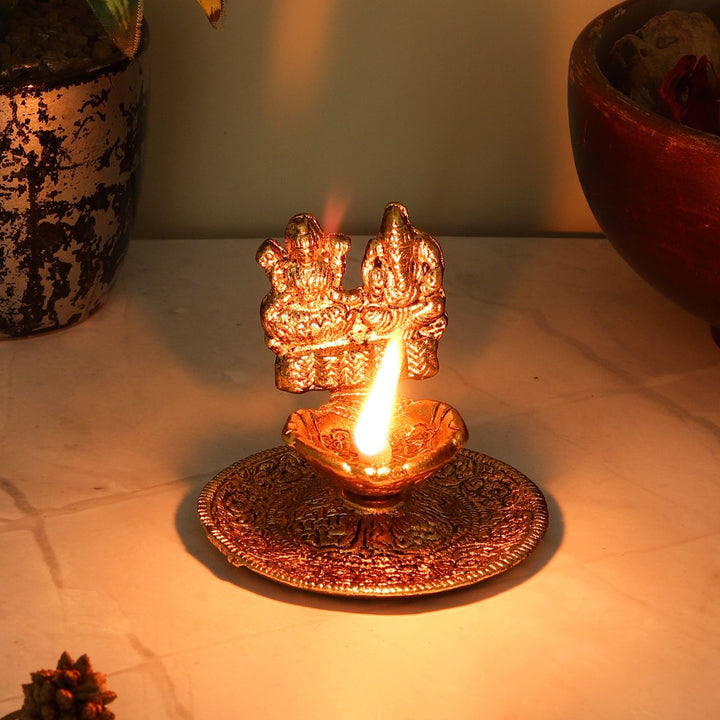 Handmade Laxmi & Ganesha Chowki Metal Oil Lamp / Diya