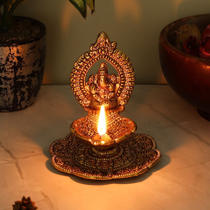 Handmade Virhau Lord Ganpati Metal Oil Lamp / Diya