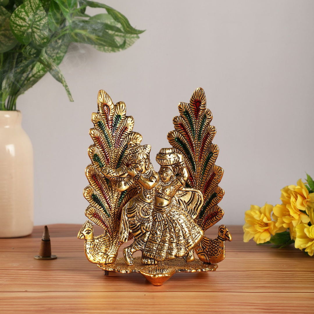 Handmade Radha Krishna & Peacock Metal Oil Lamp / Diya