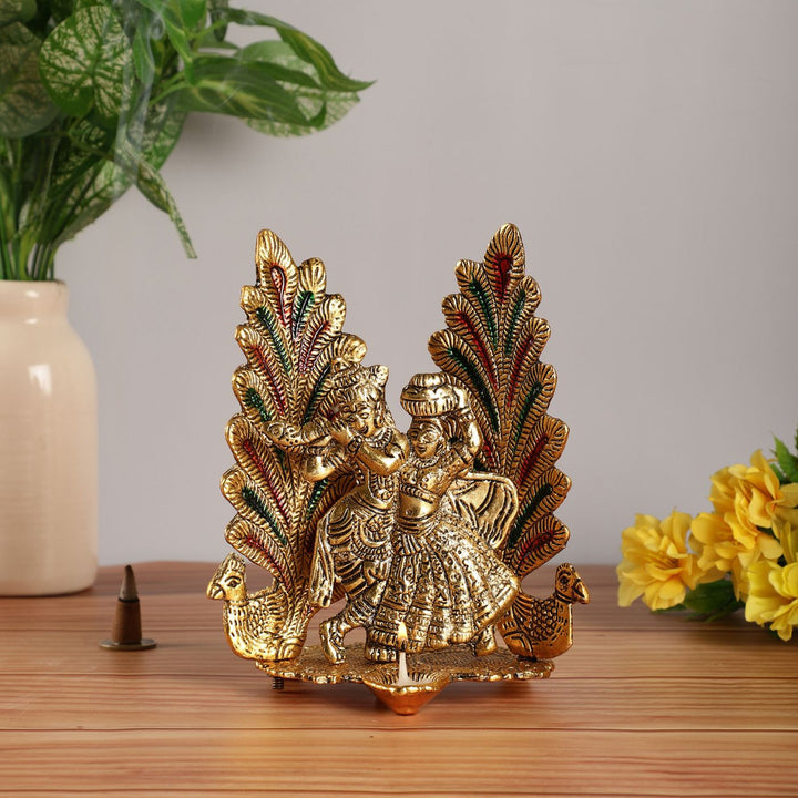 Handmade Radha Krishna & Peacock Metal Oil Lamp / Diya