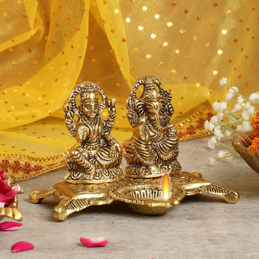 Handmade Laxmi & Ganesha Chowki Metal Oil Lamp / Diya