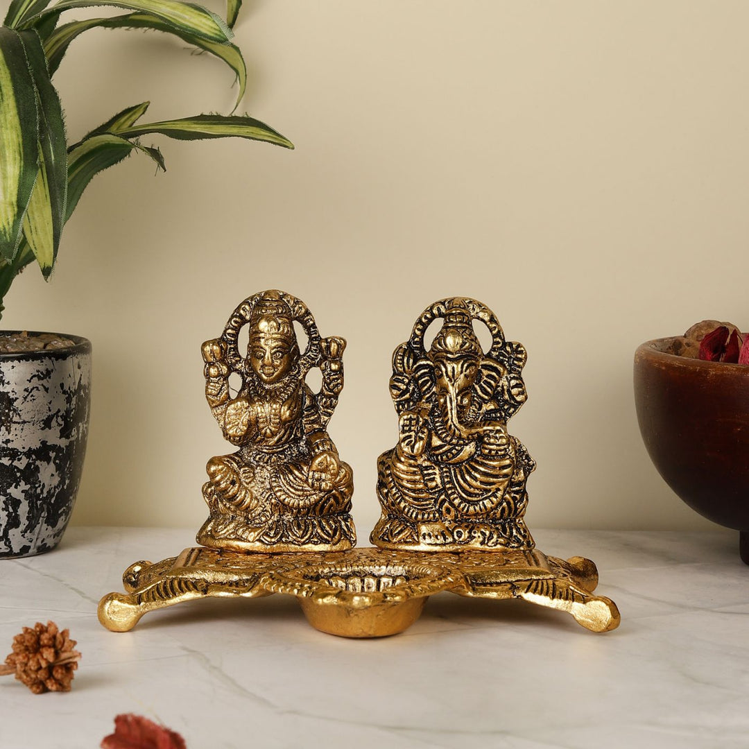 Handmade Laxmi & Ganesha Chowki Metal Oil Lamp / Diya