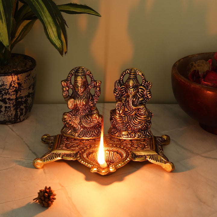 Handmade Laxmi & Ganesha Chowki Metal Oil Lamp / Diya