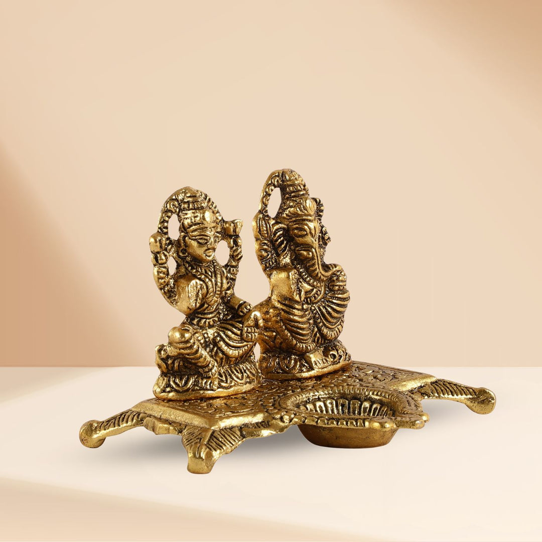 Handmade Laxmi & Ganesha Chowki Metal Oil Lamp / Diya