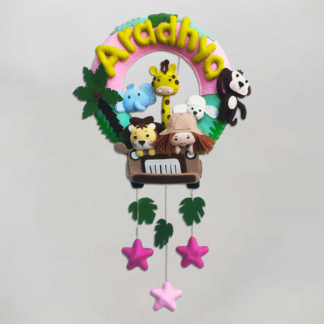 Personalized Jungle Safari Theme Round Felt Kid's Nameplate - Pink