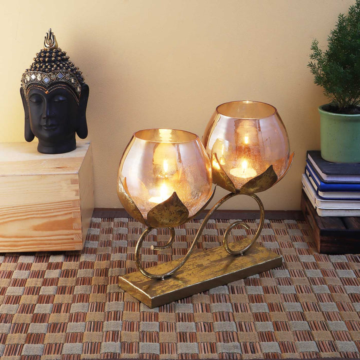 Handmade Double Lotus Metal & Glass Tealight Holder