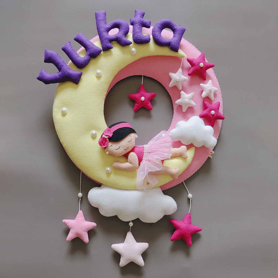 Hand-stitched Baby on the Moon themed Round Felt Kids Name Plate for Girls