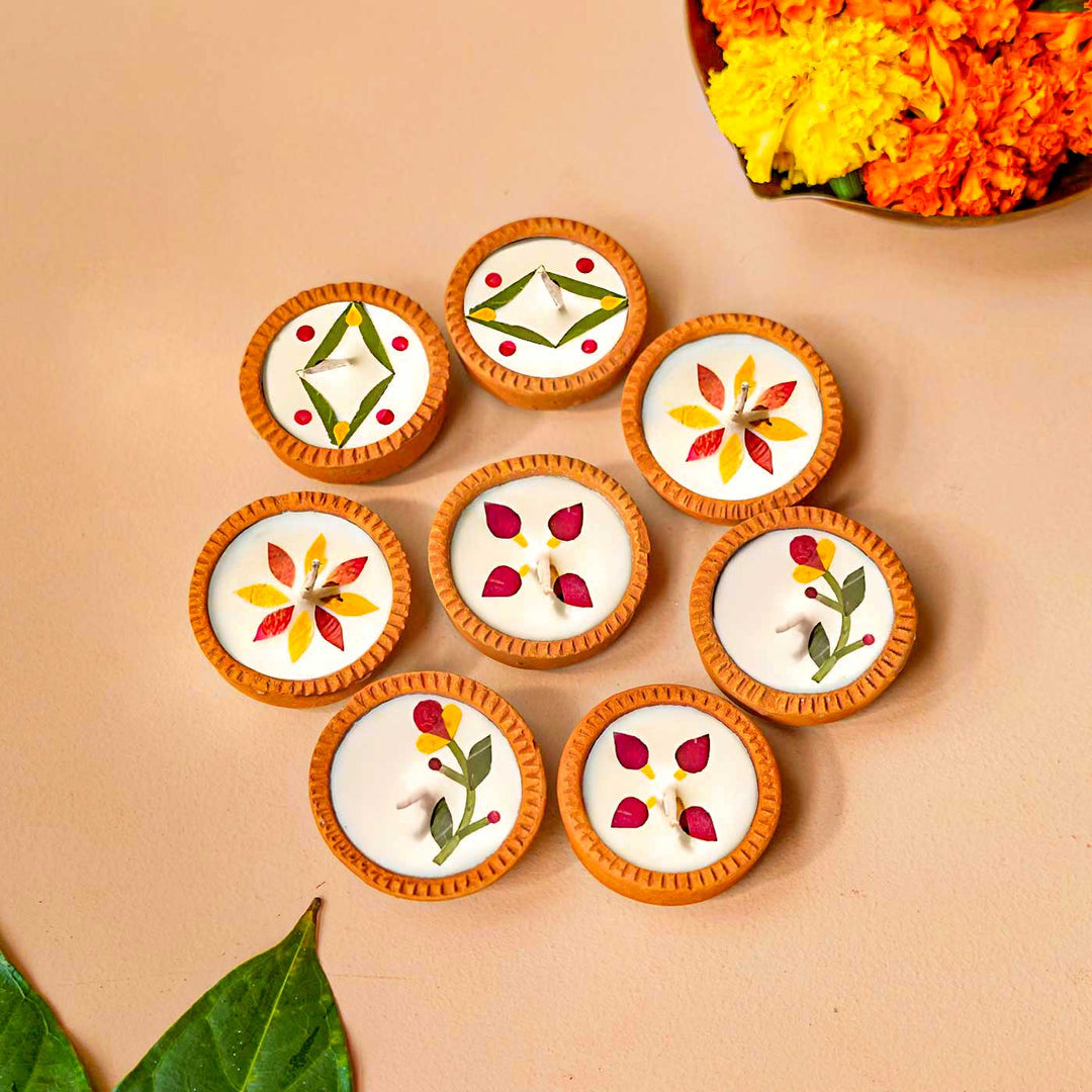 Handmade Festive Dry Flower Soy Wax Terracotta Diya | Set Of 16