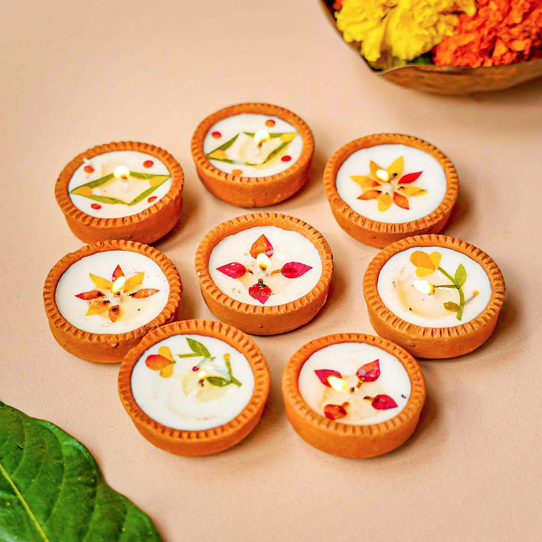 Handmade Festive Dry Flower Terracotta Diya | Set Of 16