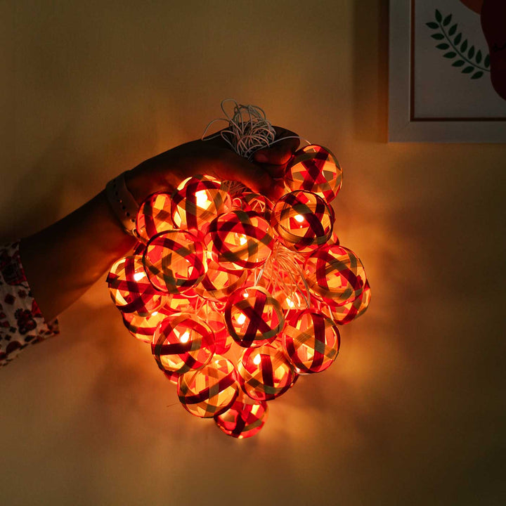 Eco-Friendly Handmade Red & Natural Bamboo Ball Fairy Light