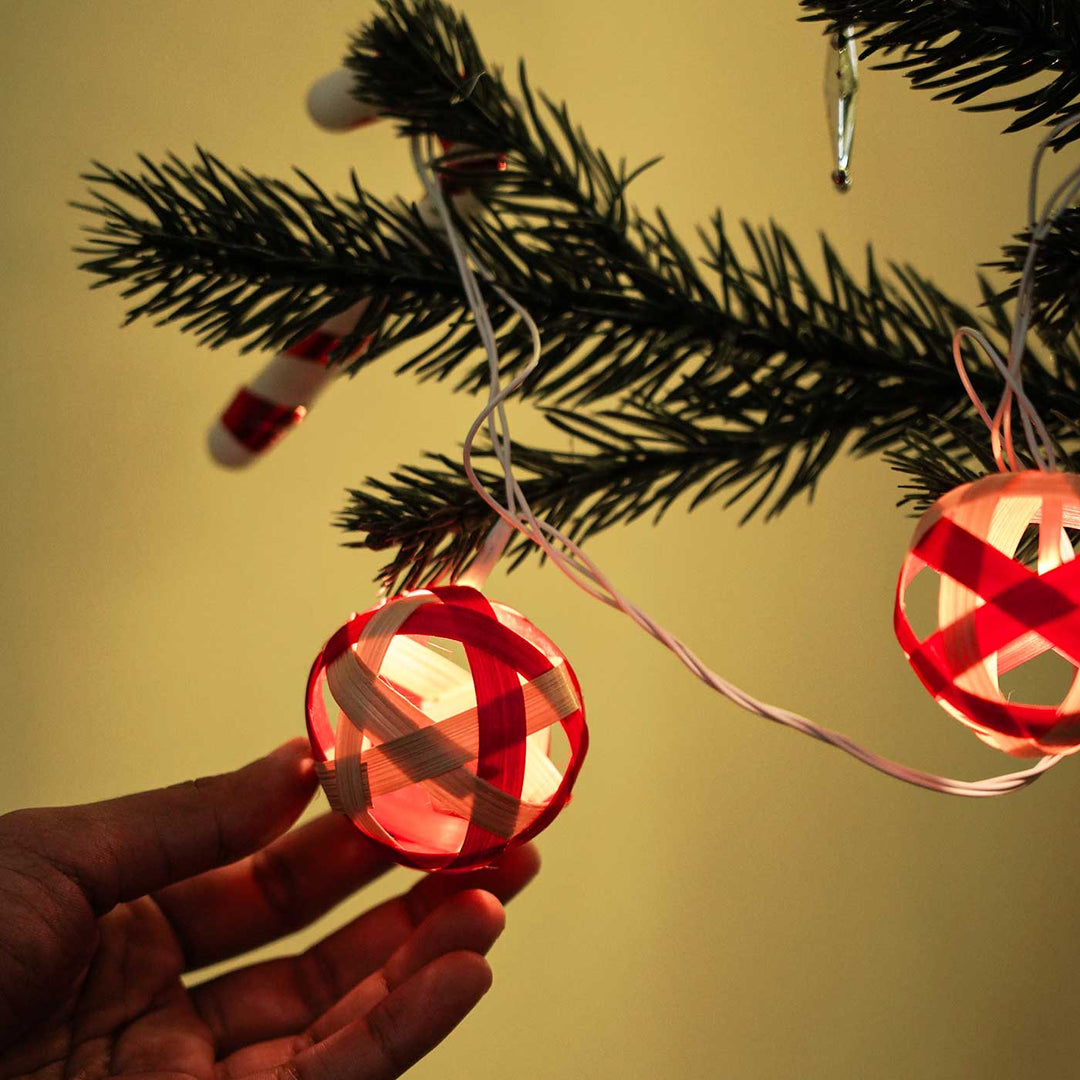 Eco-Friendly Handmade Red & Natural Bamboo Ball Fairy Light