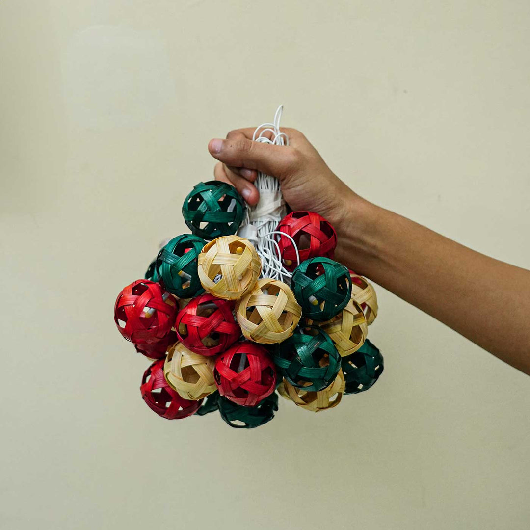 Eco-Friendly Handmade Red, Green & Natural Bamboo Ball Fairy Light