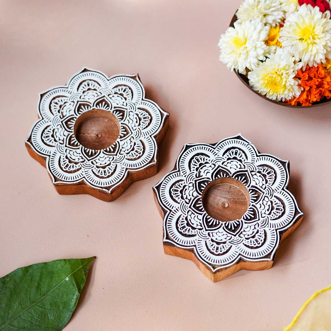 Handmade Carved Lotus Wooden Block Tealight Holder | Set Of 2