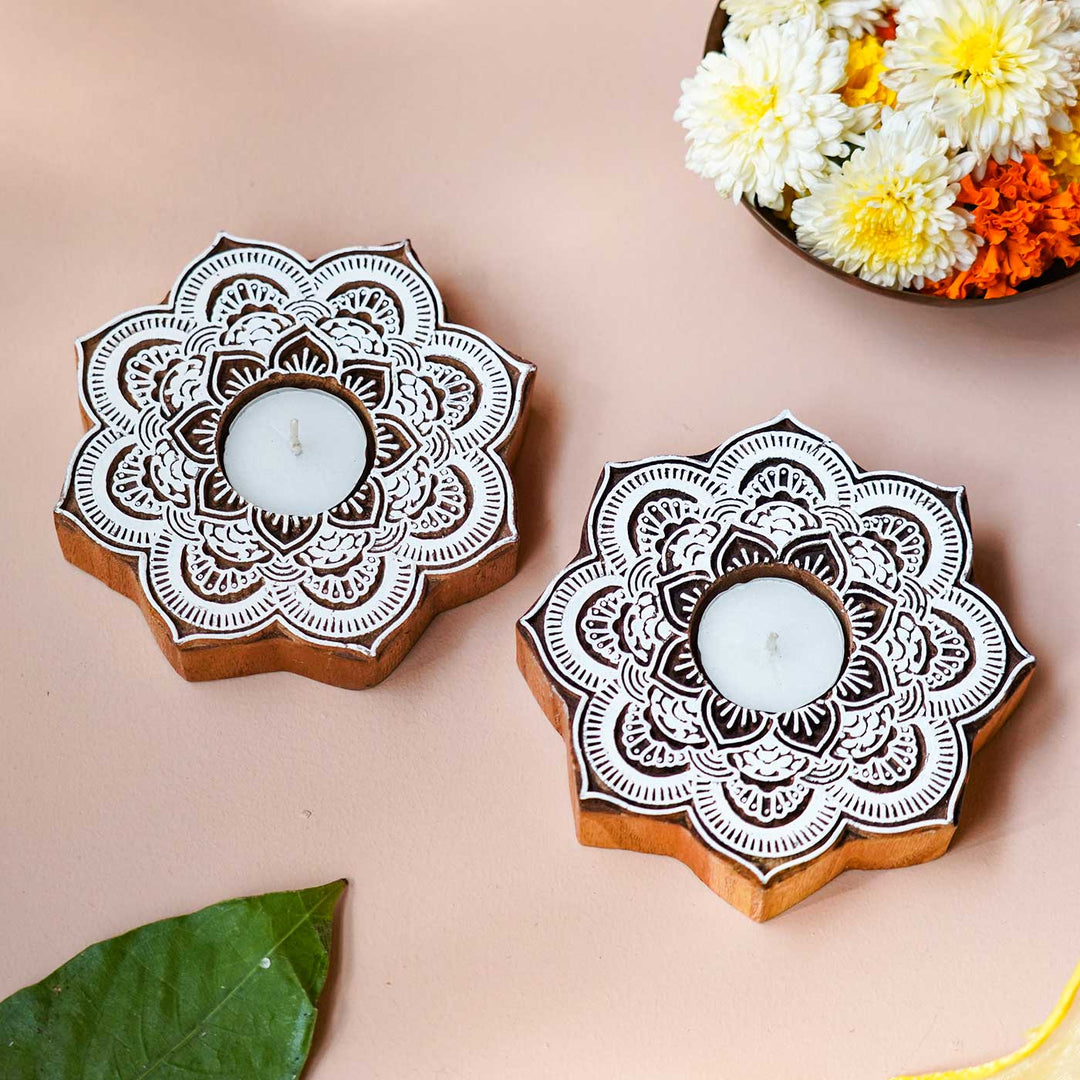 Handmade Carved Lotus Wooden Block Tealight Holder | Set Of 2