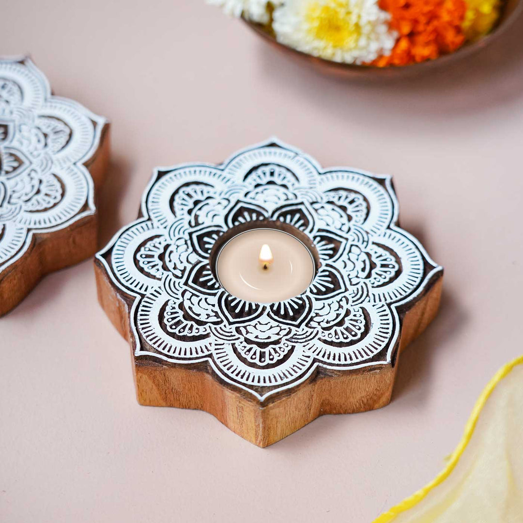 Handmade Carved Lotus Wooden Block Tealight Holder | Set Of 2