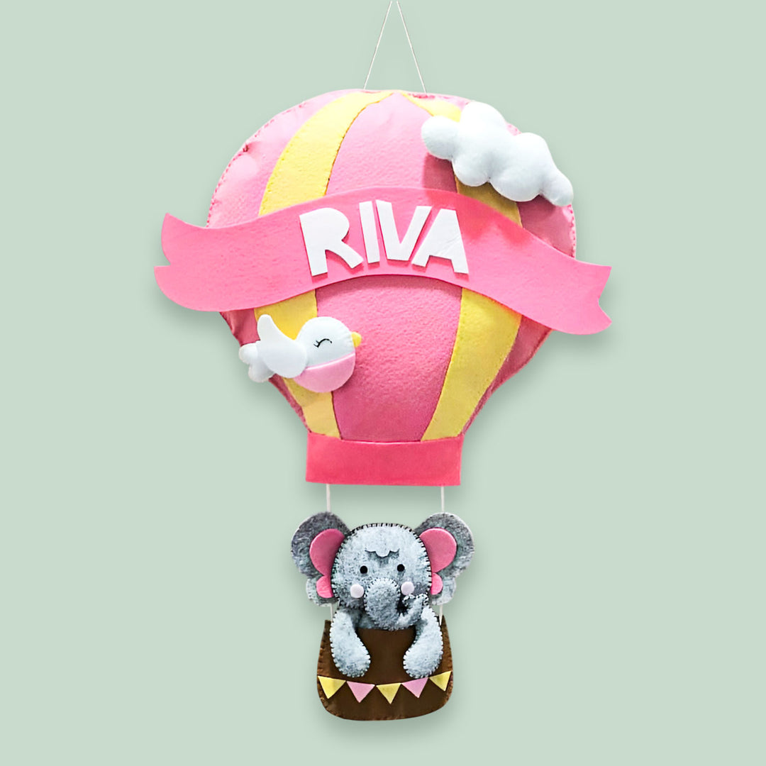 Personalized Elephant & Hot Air Balloon Theme Felt Kids Name Plate