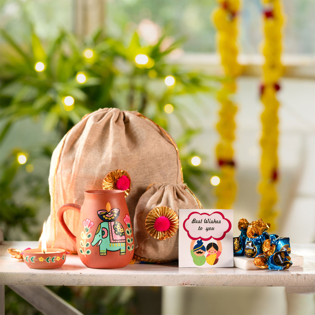 Handpainted Terracotta Mug & Diya Diwali Hamper