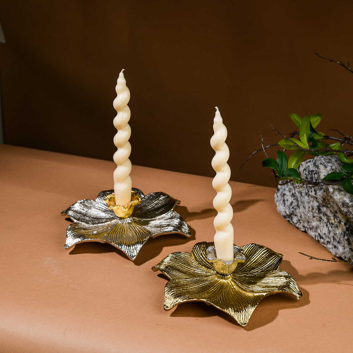 Handmade Silver & Golden Elysian Lotus Metal Candle Holder For Christmas Table Decoration | Set Of 2