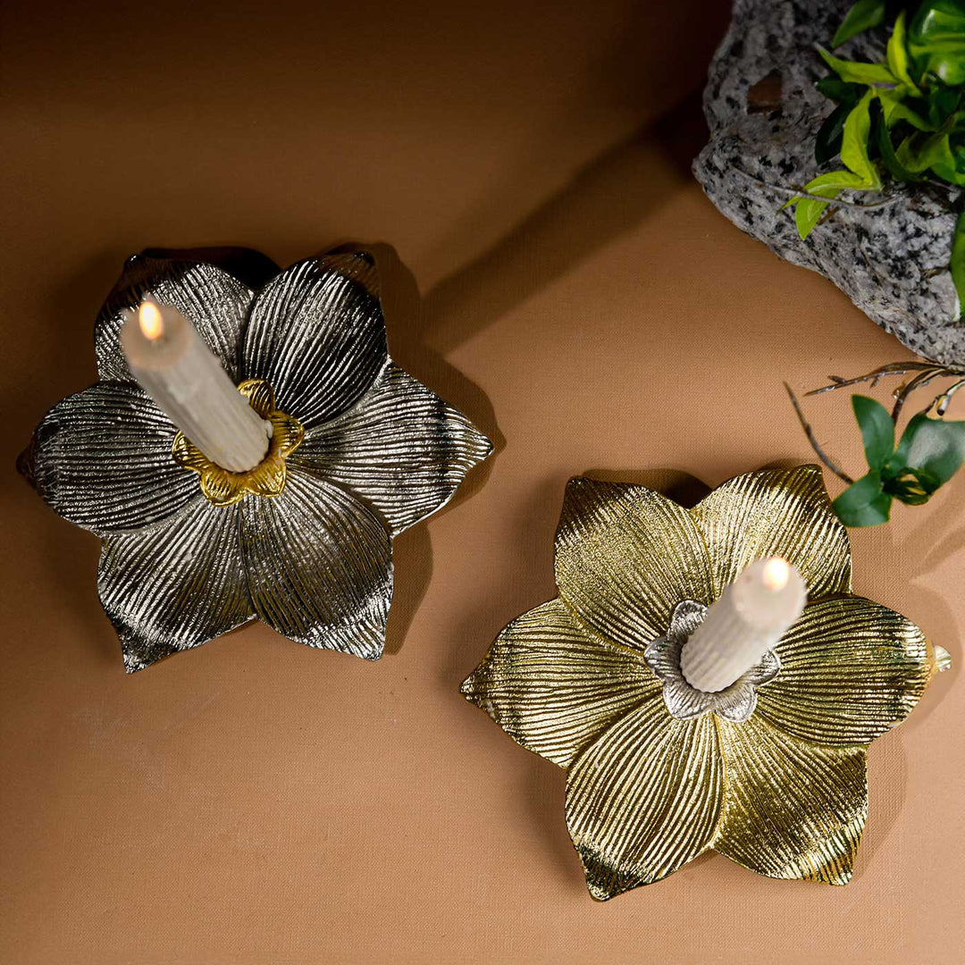 Handmade Silver & Golden Elysian Lotus Metal Candle Holder For Christmas Table Decoration | Set Of 2