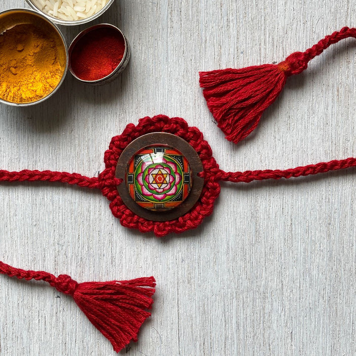 Handcrafted Crochet Folk Art Mandala Rakhi With Rice, Roli, Haldi