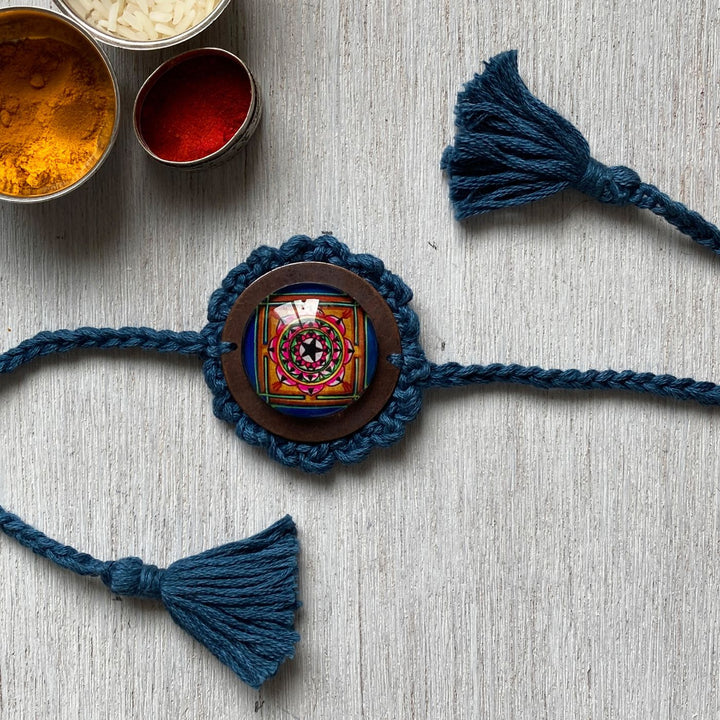 Handcrafted Crochet Folk Art Mandala Rakhi With Rice, Roli, Haldi