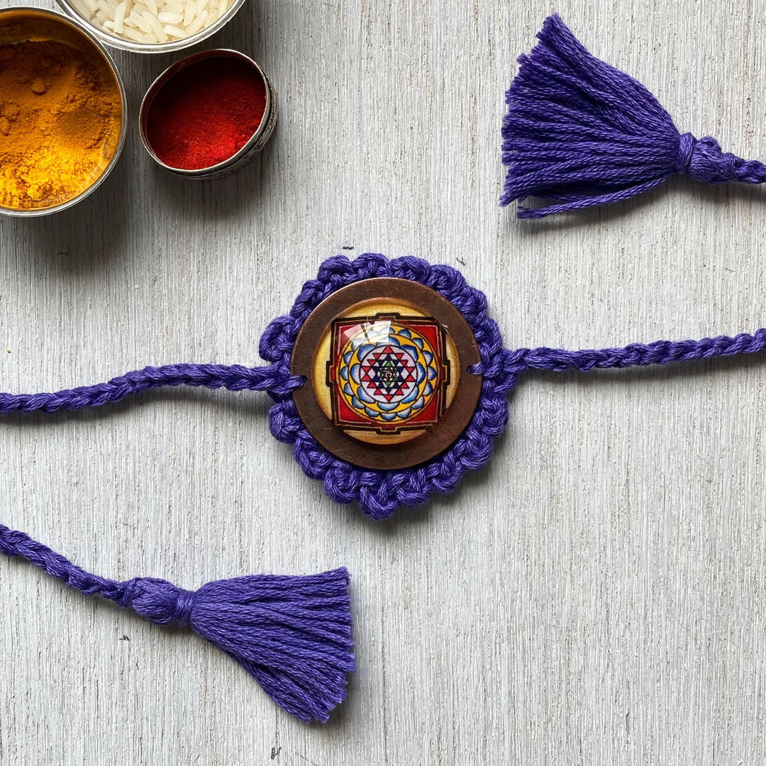 Handcrafted Crochet Folk Art Mandala Rakhi With Rice, Roli, Haldi