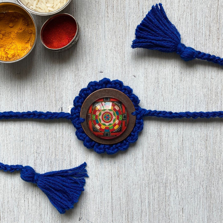 Handcrafted Crochet Folk Art Mandala Rakhi With Rice, Roli, Haldi