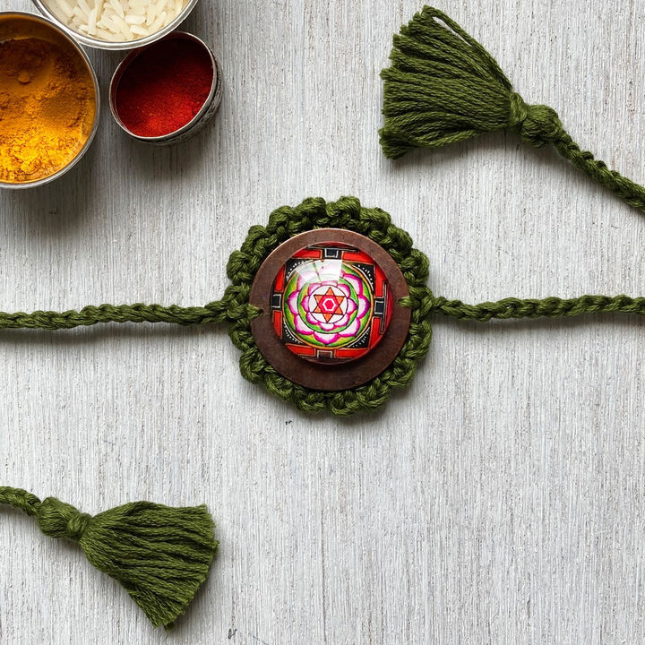 Handcrafted Crochet Folk Art Mandala Rakhi With Rice, Roli, Haldi