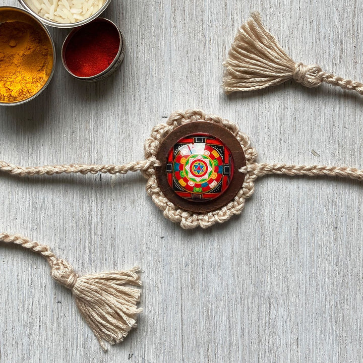 Handcrafted Crochet Folk Art Rakhi Hamper For Young Adults With Rice, Roli, Haldi