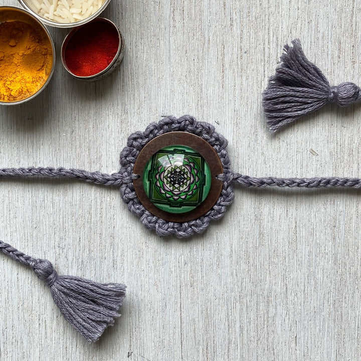 Handcrafted Crochet Folk Art Rakhi Hamper For Young Adults With Rice, Roli, Haldi