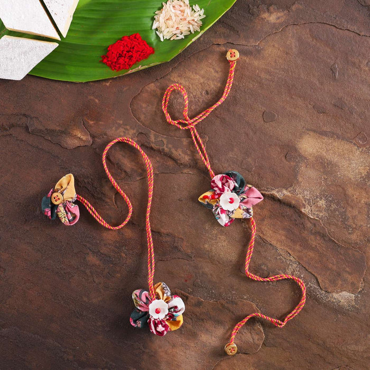 Handmade Fabric Flower Bhaiya Bhabhi Rakhi With Roli Chawal | Set of 2