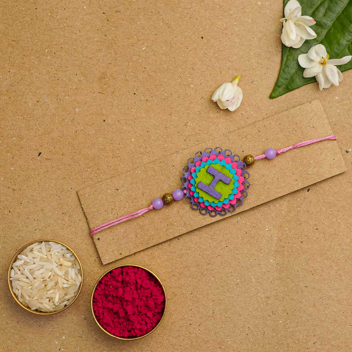 Personalized Handmade Initial Felt Rakhi With Roli Chawal