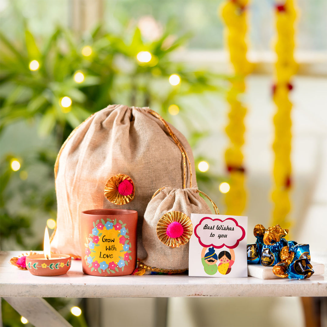 Handpainted Terracotta Planter & Diya Diwali Hamper