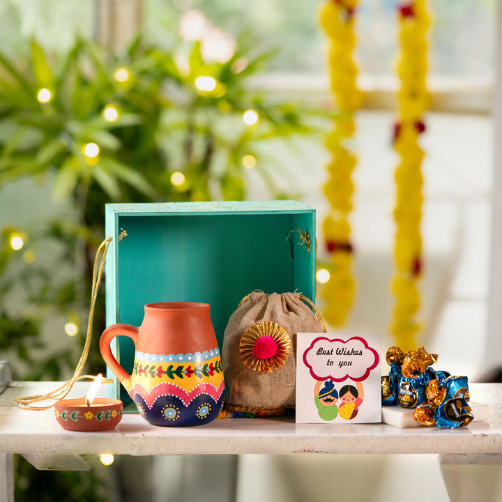 Handpainted Terracotta Mug & Diya Diwali Hamper