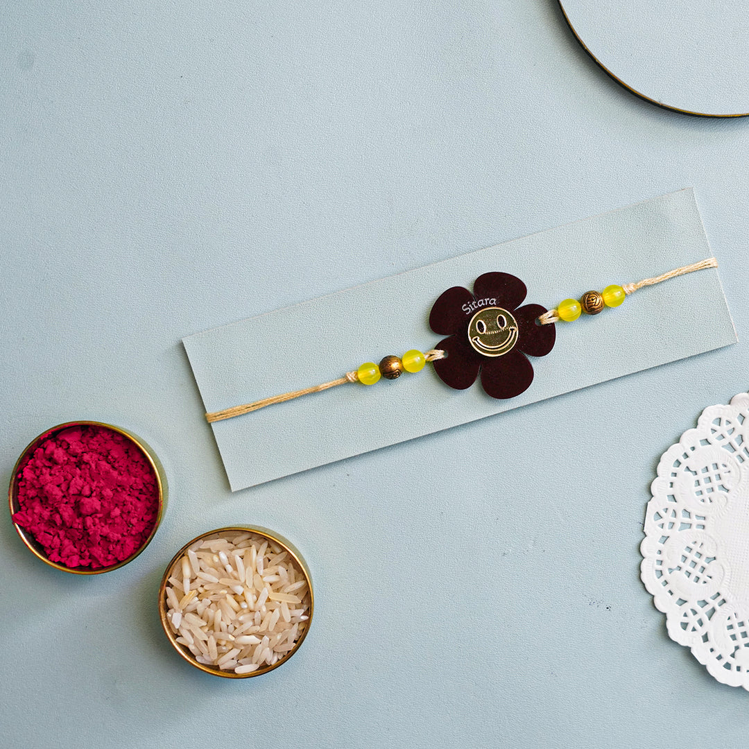 Personalized Handmade Flower Smiley Acrylic Kids Rakhi With Roli Chawal