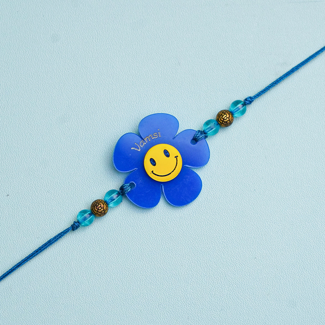 Personalized Handmade Flower Smiley Acrylic Kids Rakhi With Roli Chawal