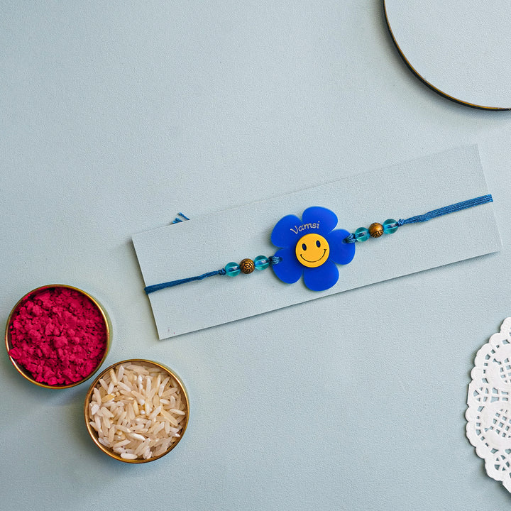 Personalized Handmade Flower Smiley Acrylic Kids Rakhi With Roli Chawal