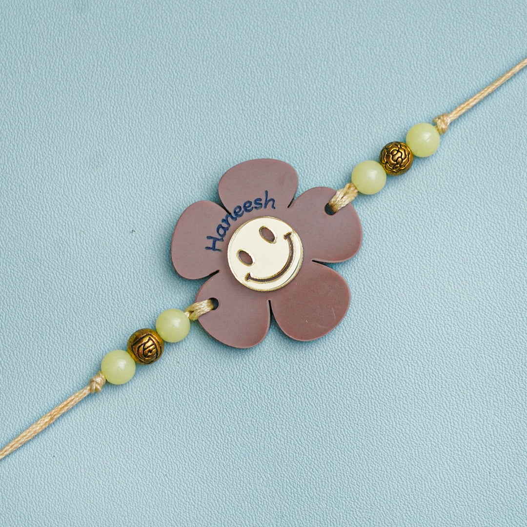 Personalized Handmade Flower Smiley Acrylic Kids Rakhi With Roli Chawal