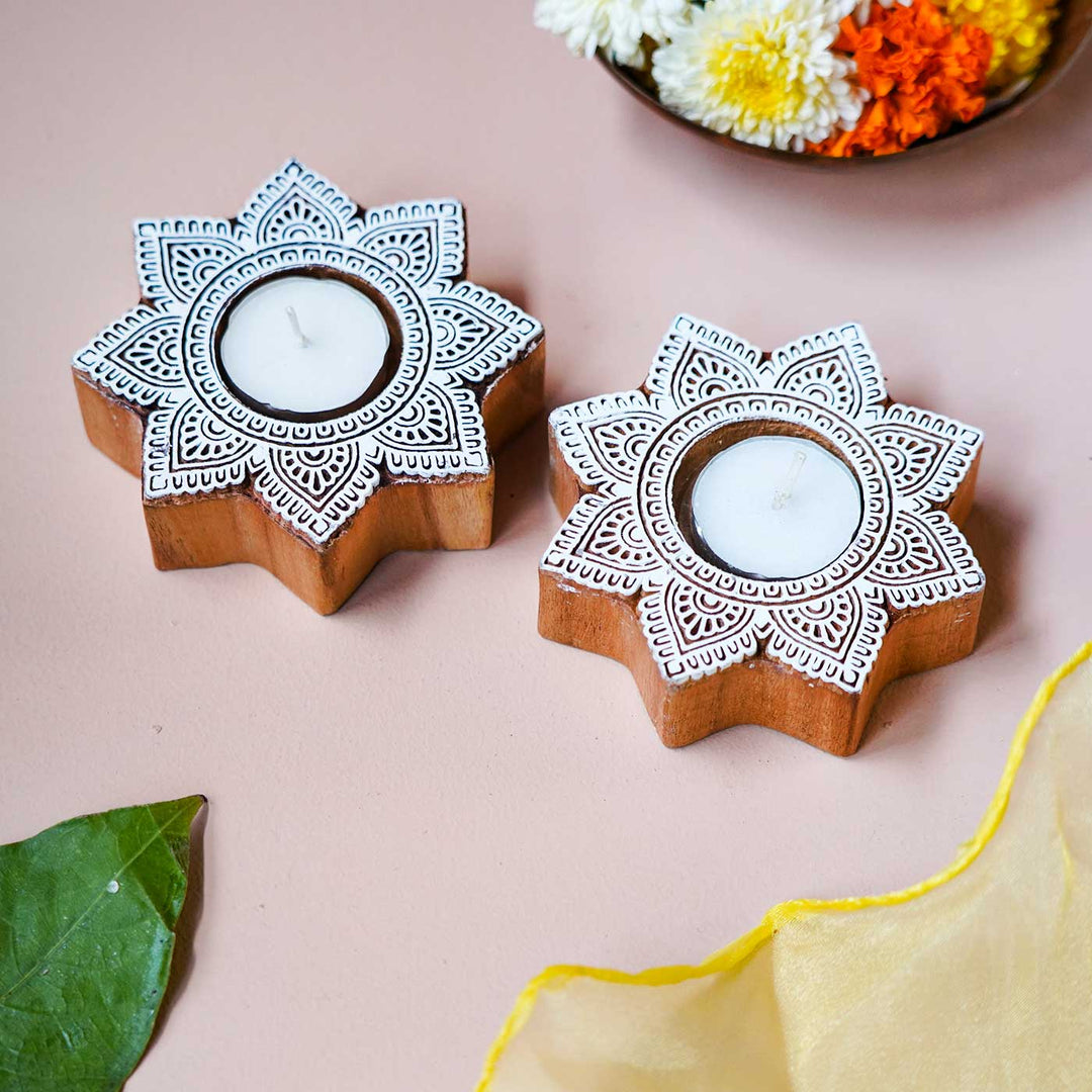 Handmade Carved Flower Wooden Block Tealight Holder | Set Of 2