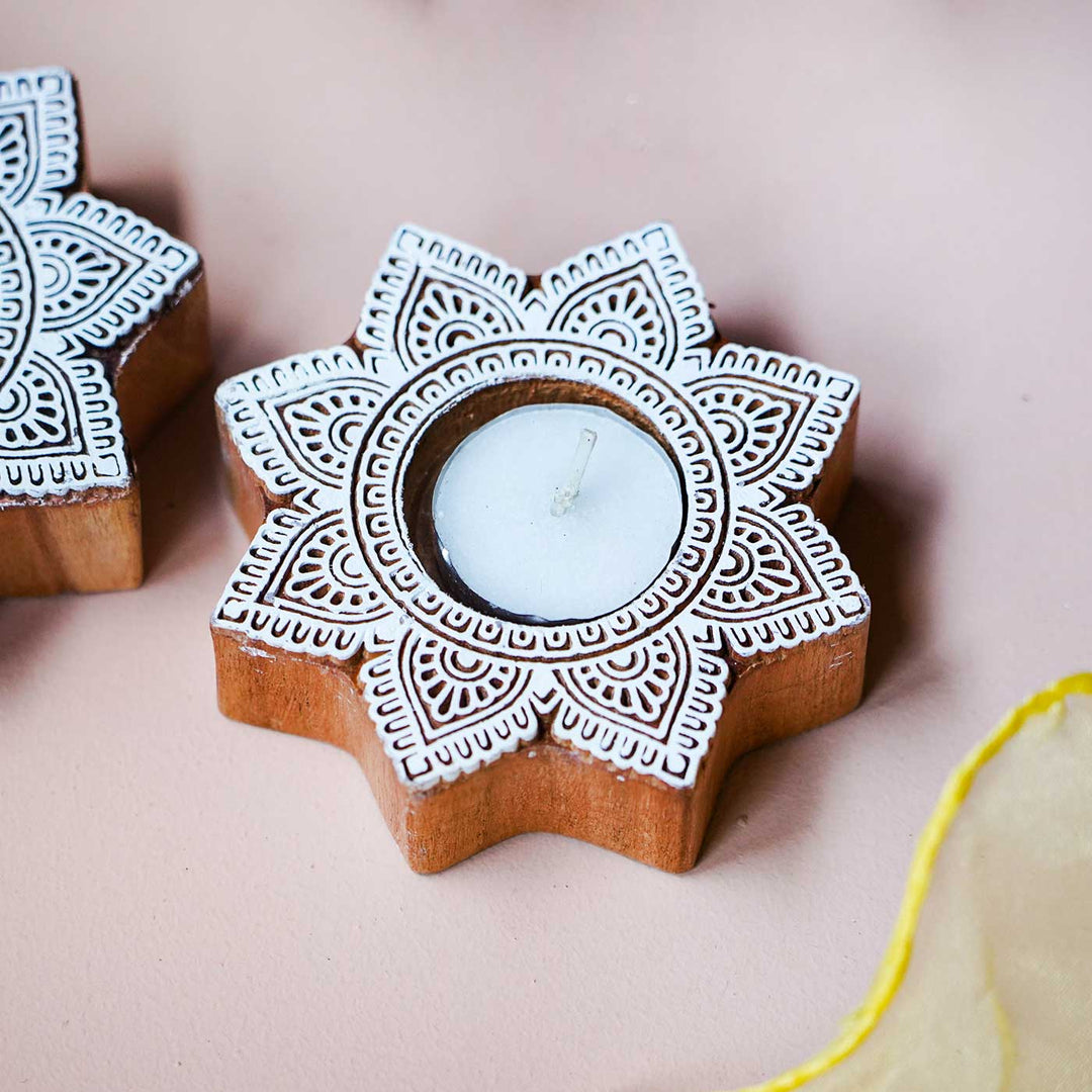 Handmade Carved Flower Wooden Block Tealight Holder | Set Of 2